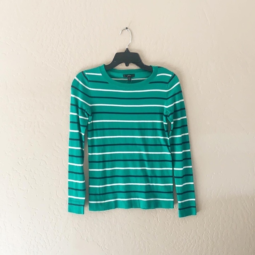 🌿Final Sale‎ J. Crew Green Navy Striped Pullover Lightweight Knit Sweater